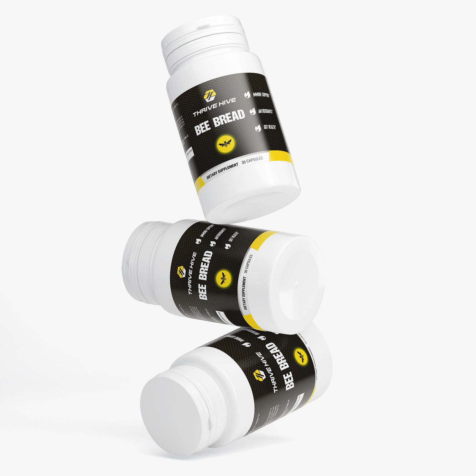 Thrive Hive Bee Bread bottle, a natural supplement for immune and energy support.