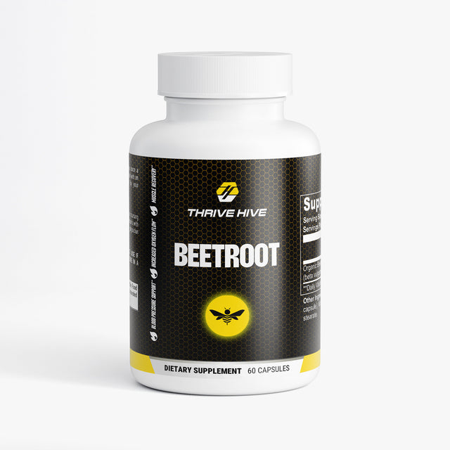 Thrive Hive Beetroot bottle, a supplement for athletic performance and nitric oxide support.