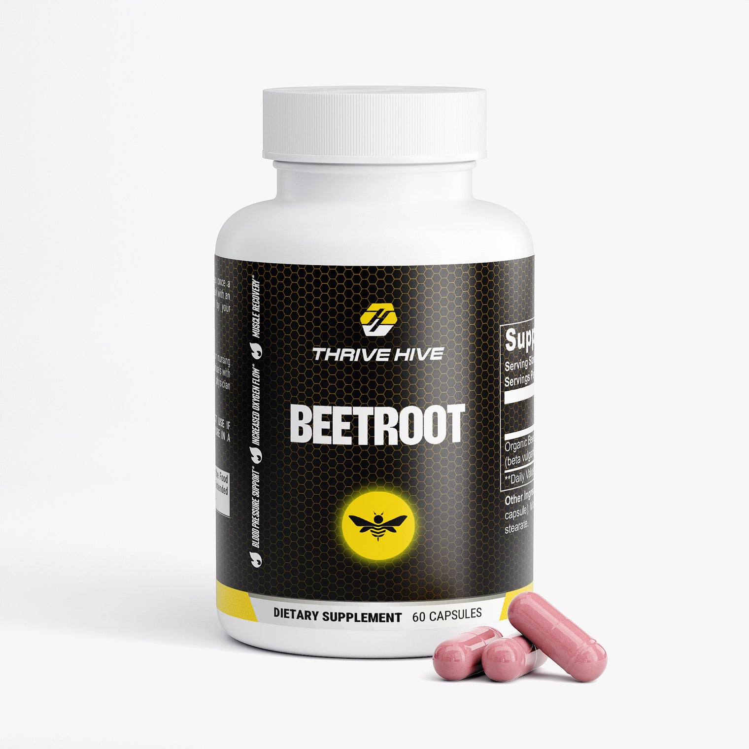 Thrive Hive Beetroot bottle, a supplement for athletic performance and nitric oxide support.