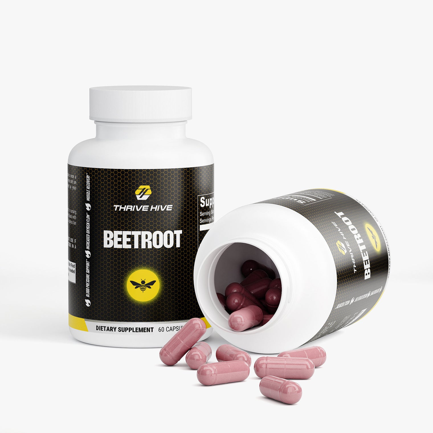 Close-up of a Thrive Hive Beetroot capsule, containing organic beetroot powder for enhanced circulation.