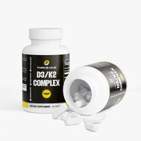 Close-up of a Thrive Hive D3/K2 Complex capsule, containing Vitamin D3, K2, and Calcium.