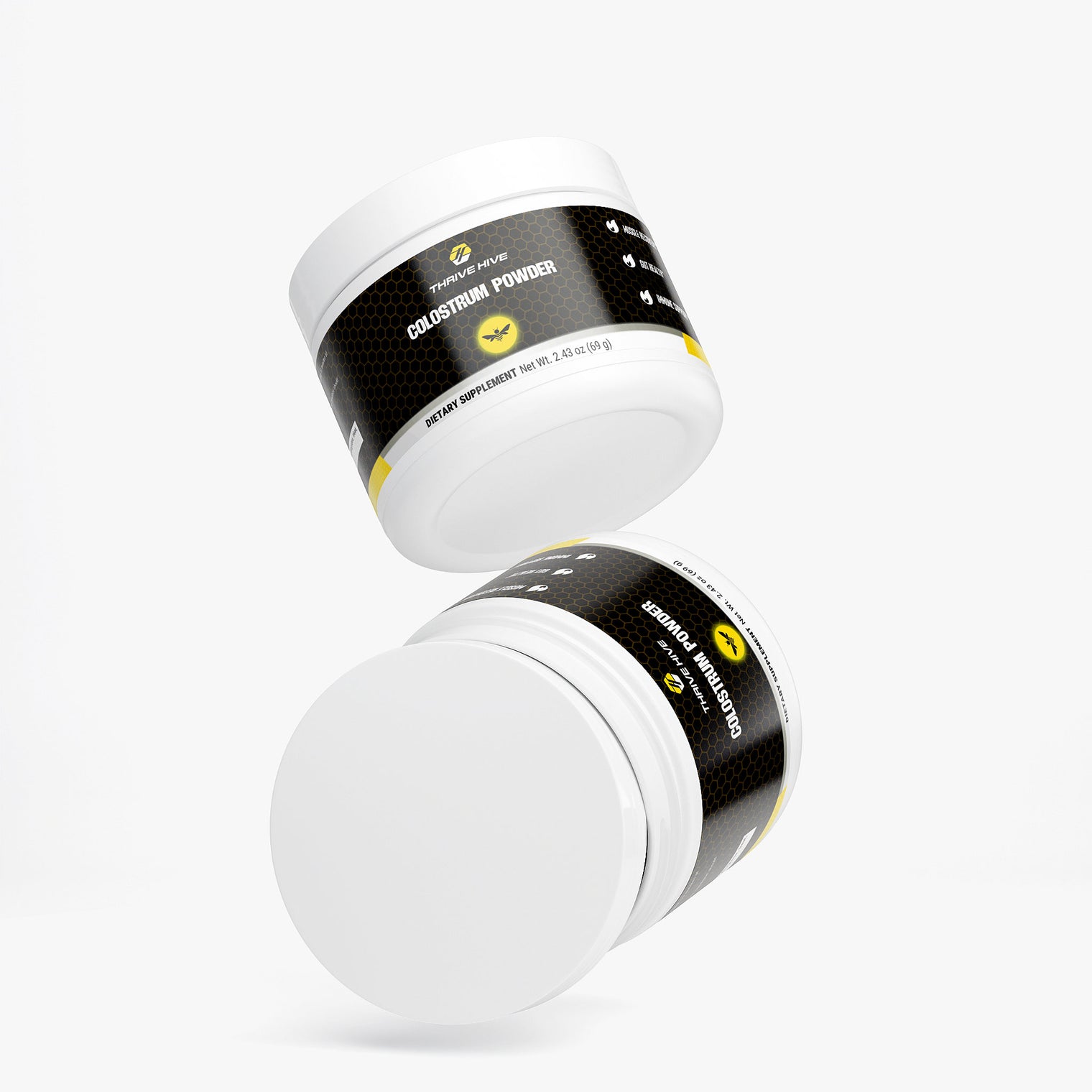 Container of Thrive Hive's Colostrum Powder for adults, standardized to 25% IgG for immune support.