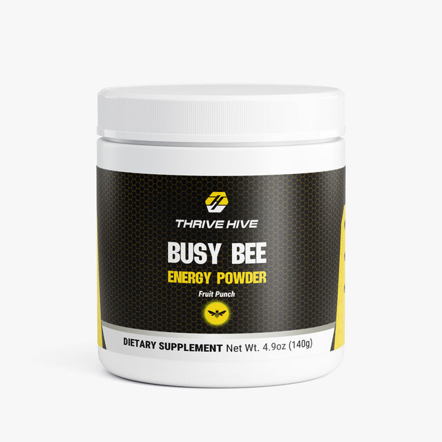 Thrive Hive Busy Bee Energy Powder jar in Fruit Punch flavor for sustained focus.