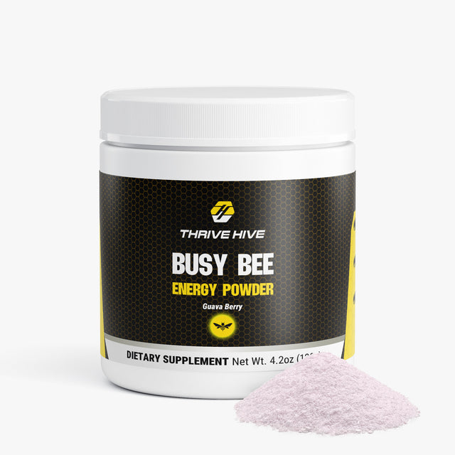 Thrive Hive Busy Bee Energy Powder jar in Guava Berry flavor for sustained focus.