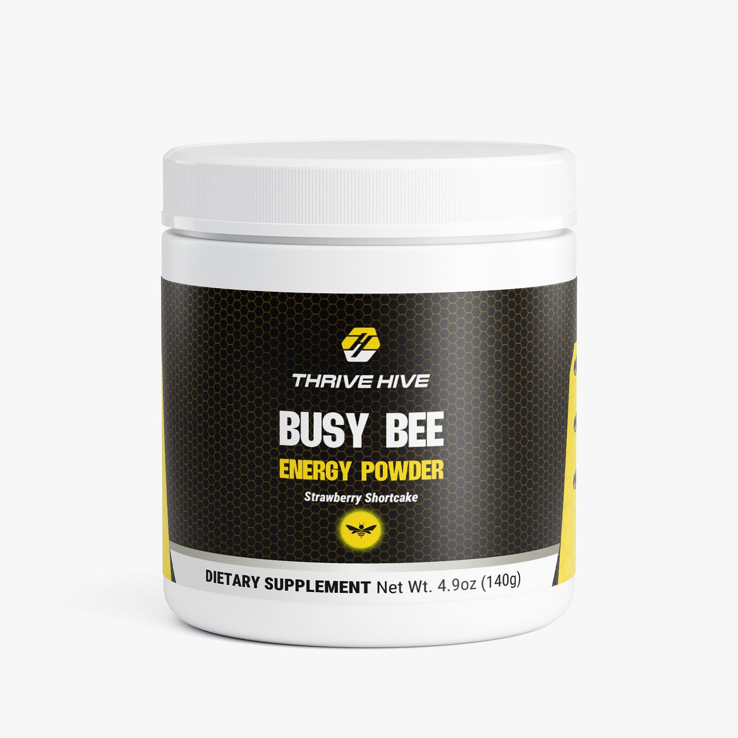 Thrive Hive Busy Bee Energy Powder jar in Strawberry Shortcake flavor for sustained focus.