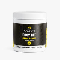 Thrive Hive Busy Bee Energy Powder jar in Strawberry Shortcake flavor for sustained focus.