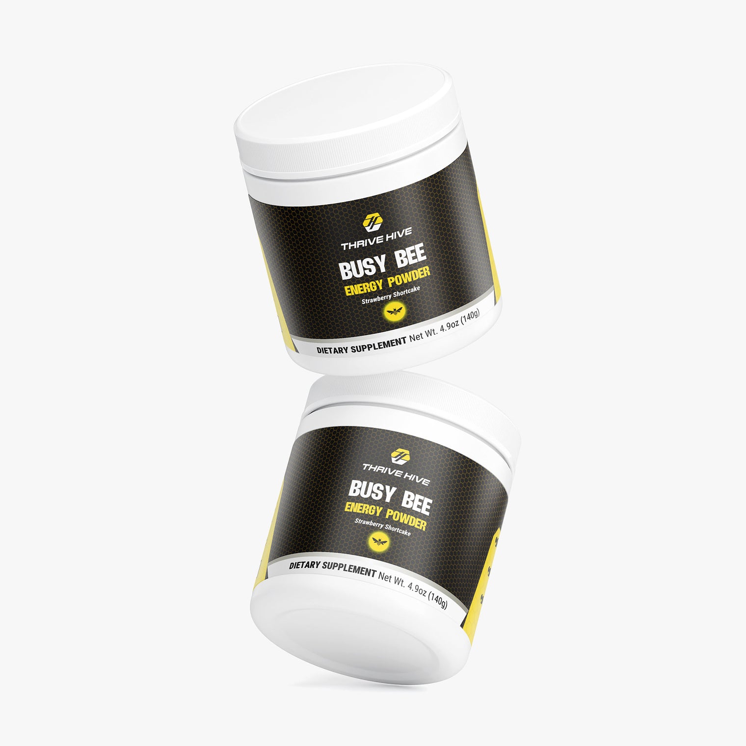 Thrive Hive Busy Bee Energy Powder jar in Strawberry Shortcake flavor for sustained focus.