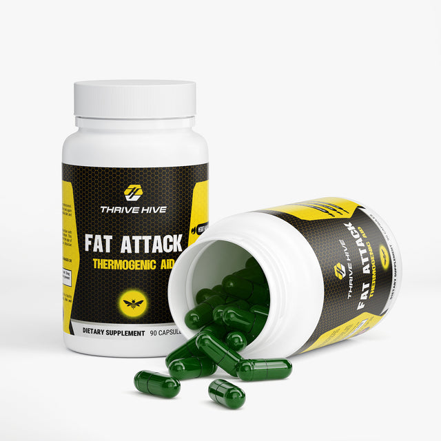 Close-up of a Thrive Hive Fat Attack Thermogenic Aid capsule, a metabolism booster.