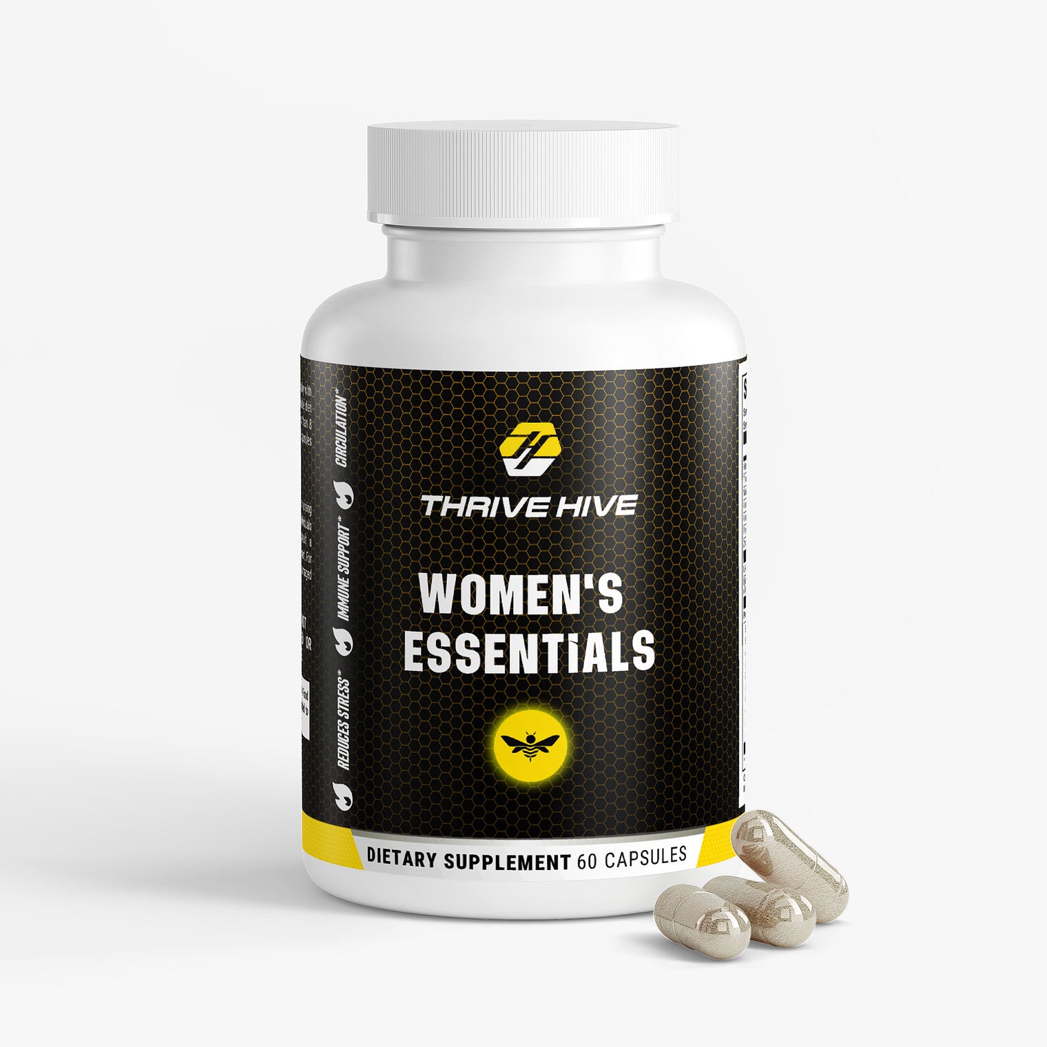 Thrive Hive Women's Essentials bottle, a daily supplement for vitality and energy.