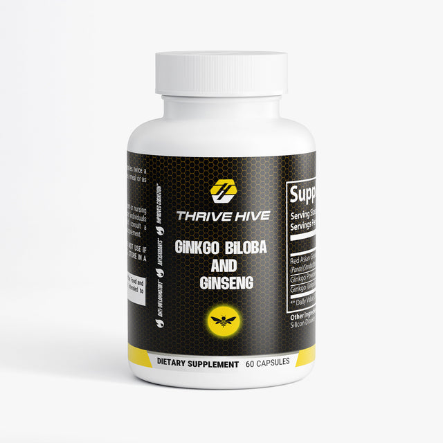 Thrive Hive Ginkgo Biloba and Ginseng bottle, a supplement for brain function and energy.