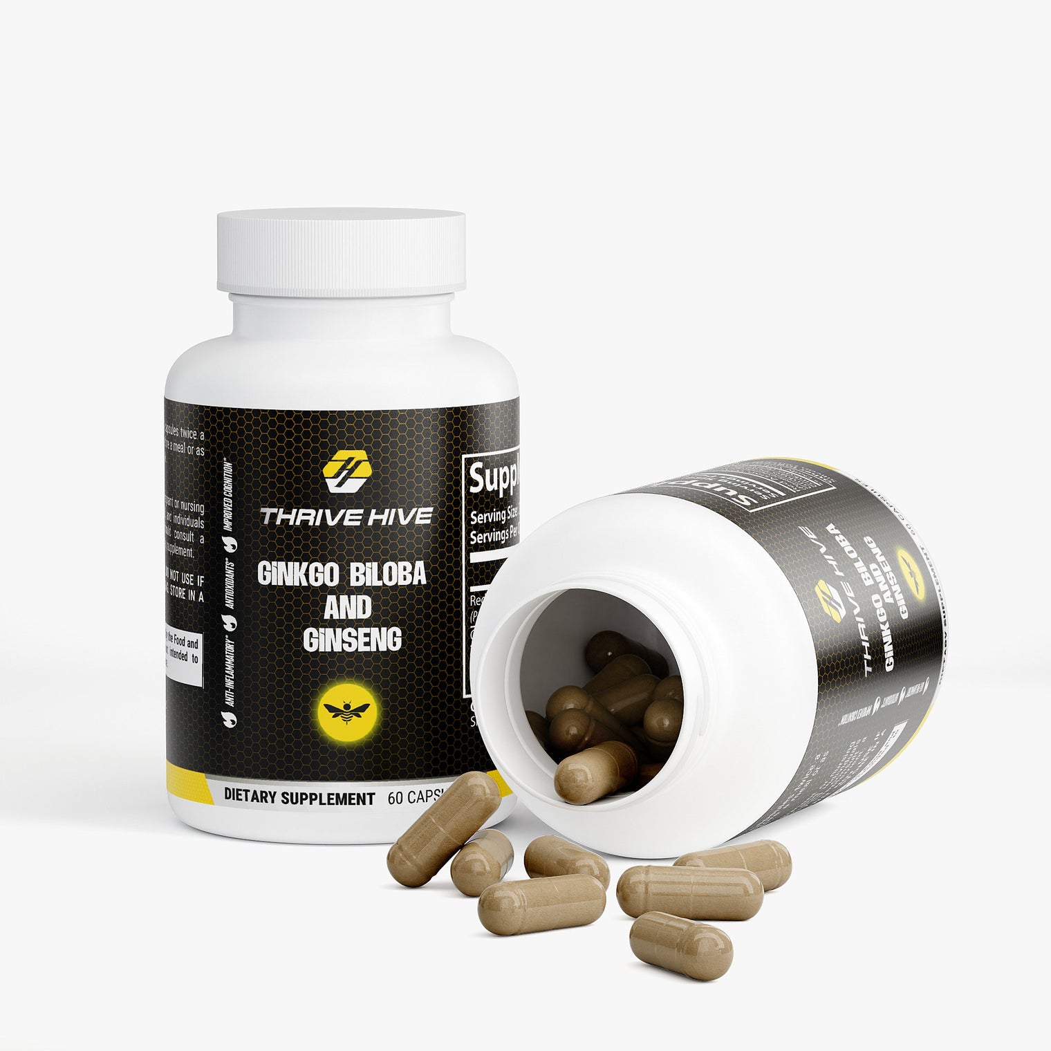 Close-up of a Thrive Hive Ginkgo Biloba and Ginseng capsule, a natural herbal blend for cognitive support.