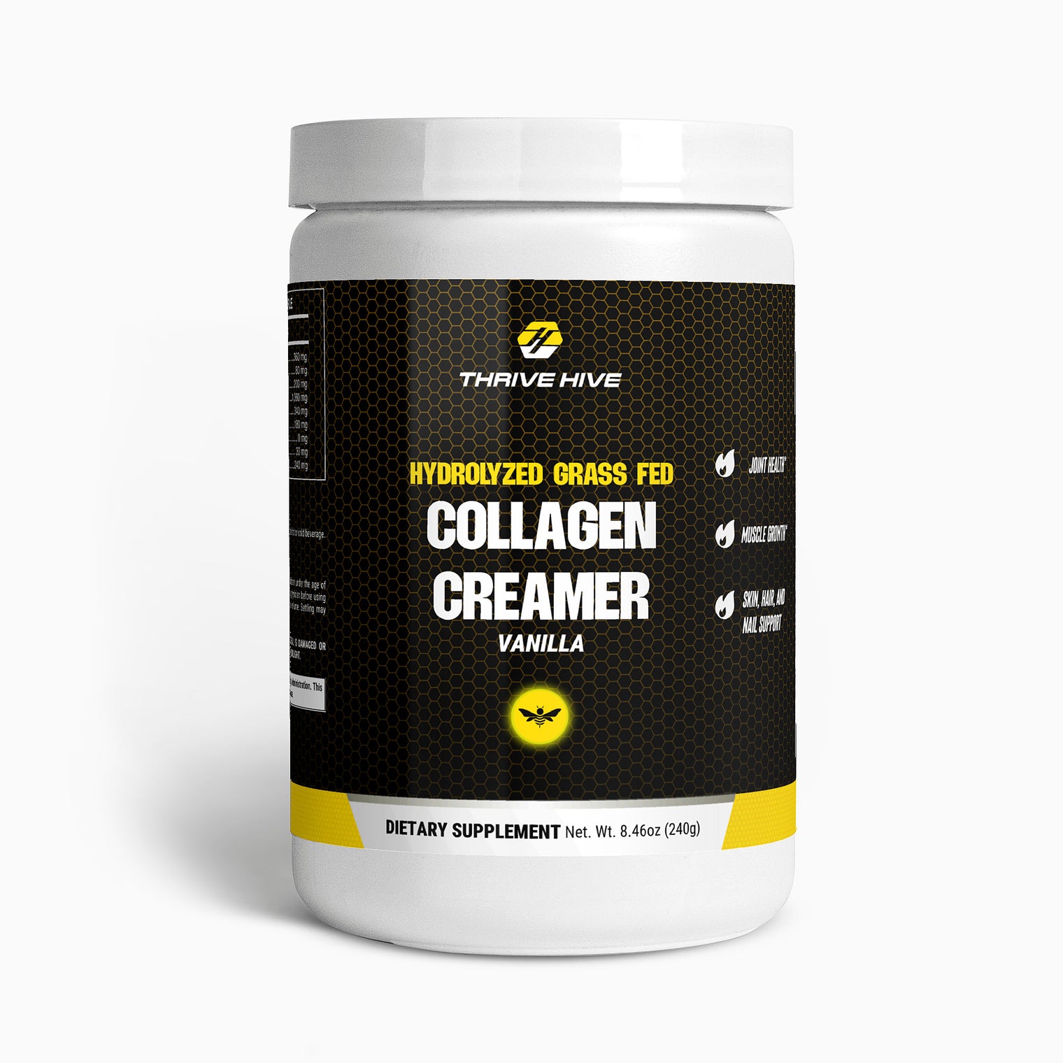 Thrive Hive Hydrolyzed Grass Fed Collagen Creamer, a vanilla-flavored supplement for skin and joint health.