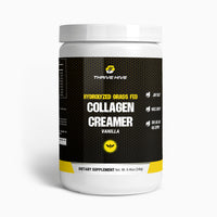 Thrive Hive Hydrolyzed Grass Fed Collagen Creamer, a vanilla-flavored supplement for skin and joint health.