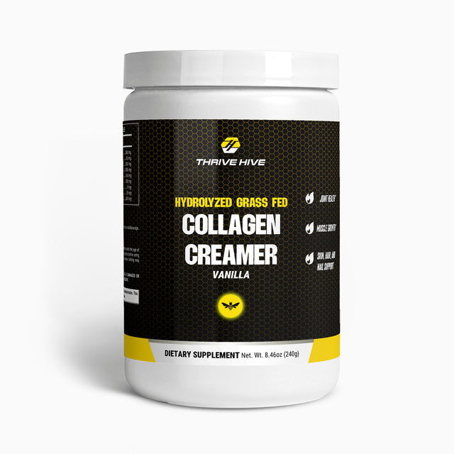 Thrive Hive Hydrolyzed Grass Fed Collagen Creamer, a vanilla-flavored supplement for skin and joint health.