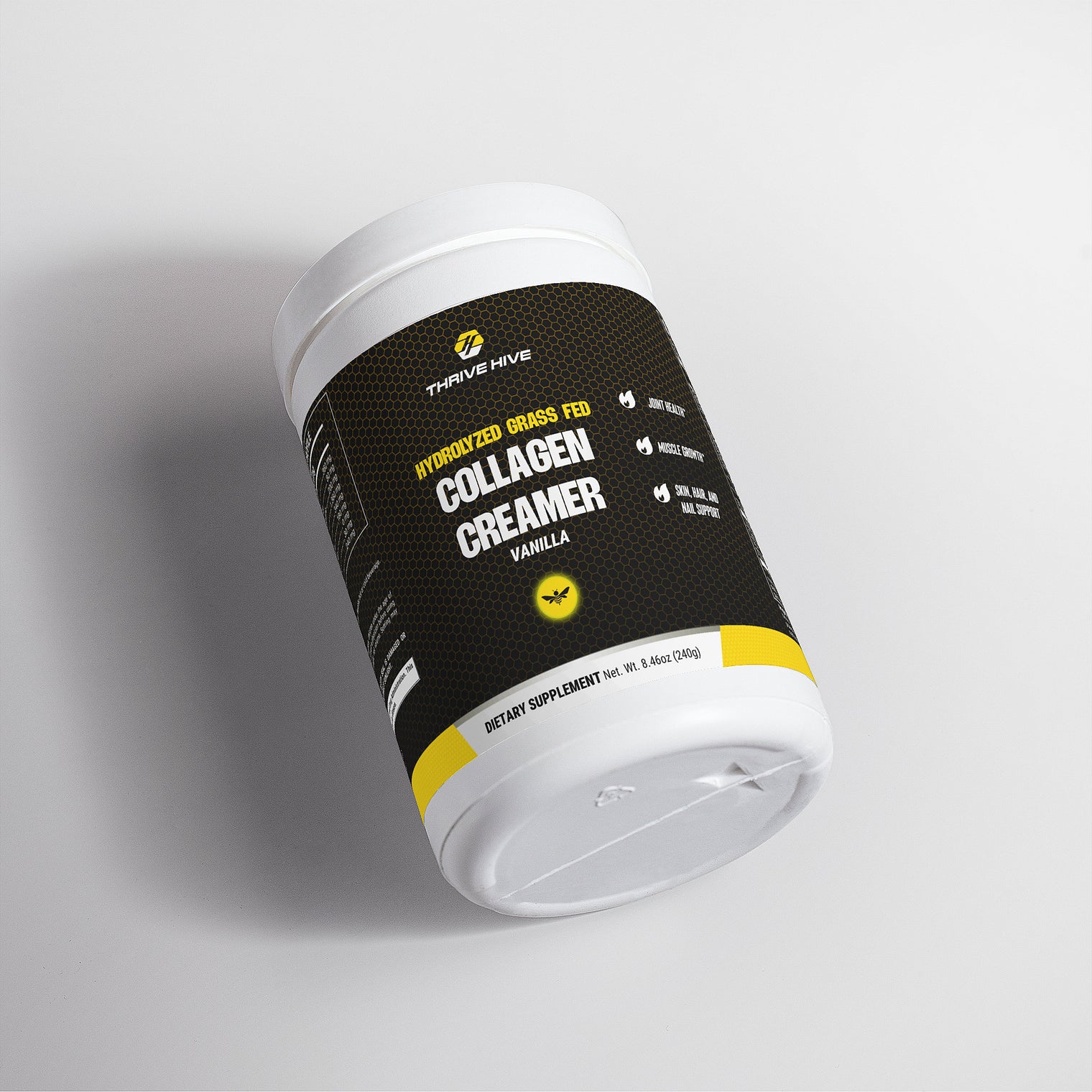 Thrive Hive Hydrolyzed Grass Fed Collagen Creamer, a vanilla-flavored supplement for skin and joint health.