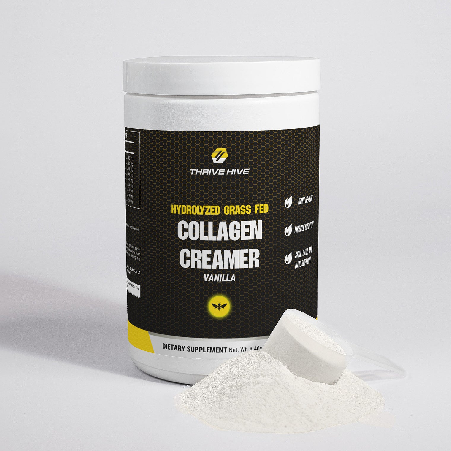 A scoop of white collagen creamer powder being added to a hot beverage.