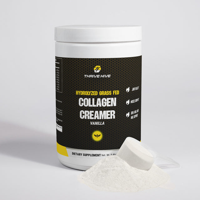 A scoop of white collagen creamer powder being added to a hot beverage.