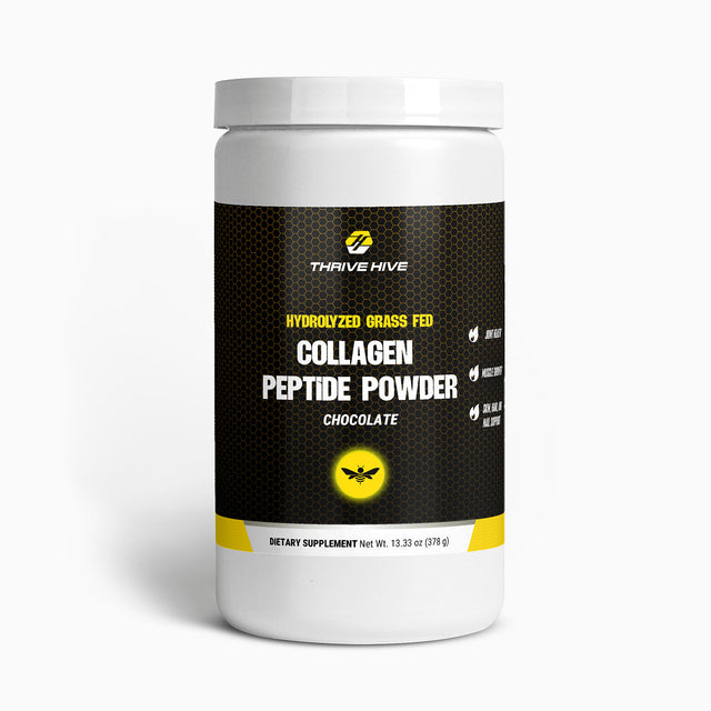Thrive Hive Hydrolyzed Grass Fed Collagen Peptide Powder container, a chocolate-flavored supplement for skin and joint health.