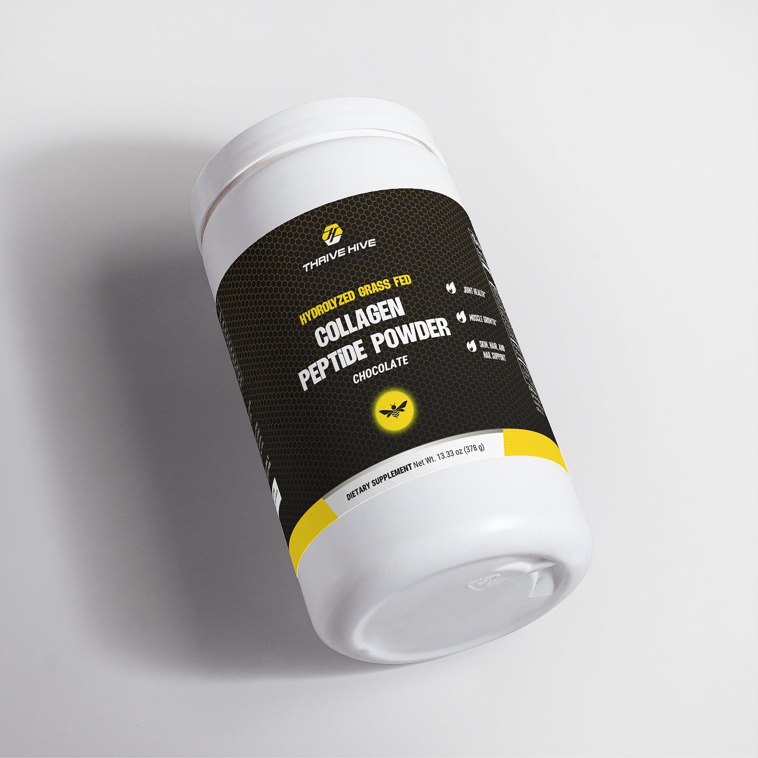Thrive Hive Hydrolyzed Grass Fed Collagen Peptide Powder container, a chocolate-flavored supplement for skin and joint health.