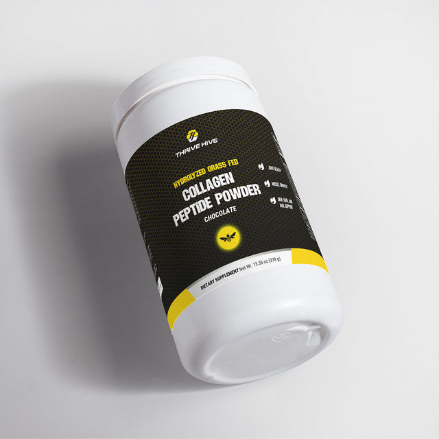 Thrive Hive Hydrolyzed Grass Fed Collagen Peptide Powder container, a chocolate-flavored supplement for skin and joint health.