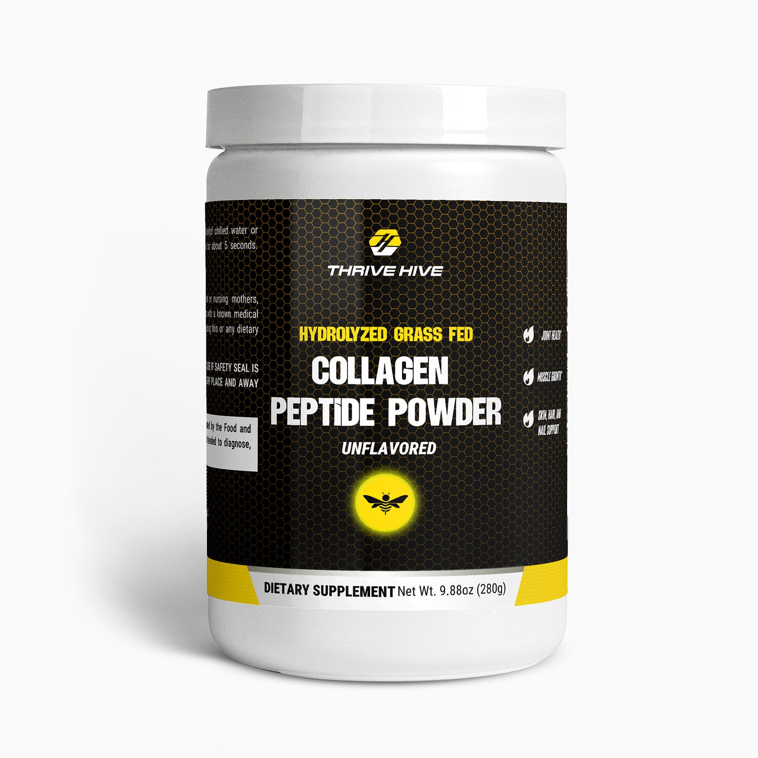 Thrive Hive Hydrolyzed Grass Fed Collagen Peptide Powder container, an unflavored supplement for skin and joint health.