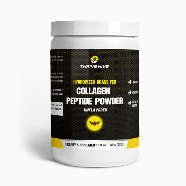 Thrive Hive Hydrolyzed Grass Fed Collagen Peptide Powder container, an unflavored supplement for skin and joint health.
