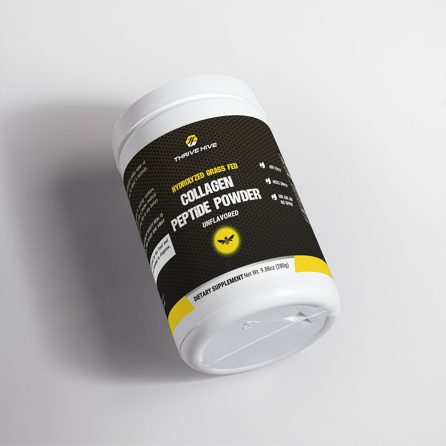 Thrive Hive Hydrolyzed Grass Fed Collagen Peptide Powder container, an unflavored supplement for skin and joint health.