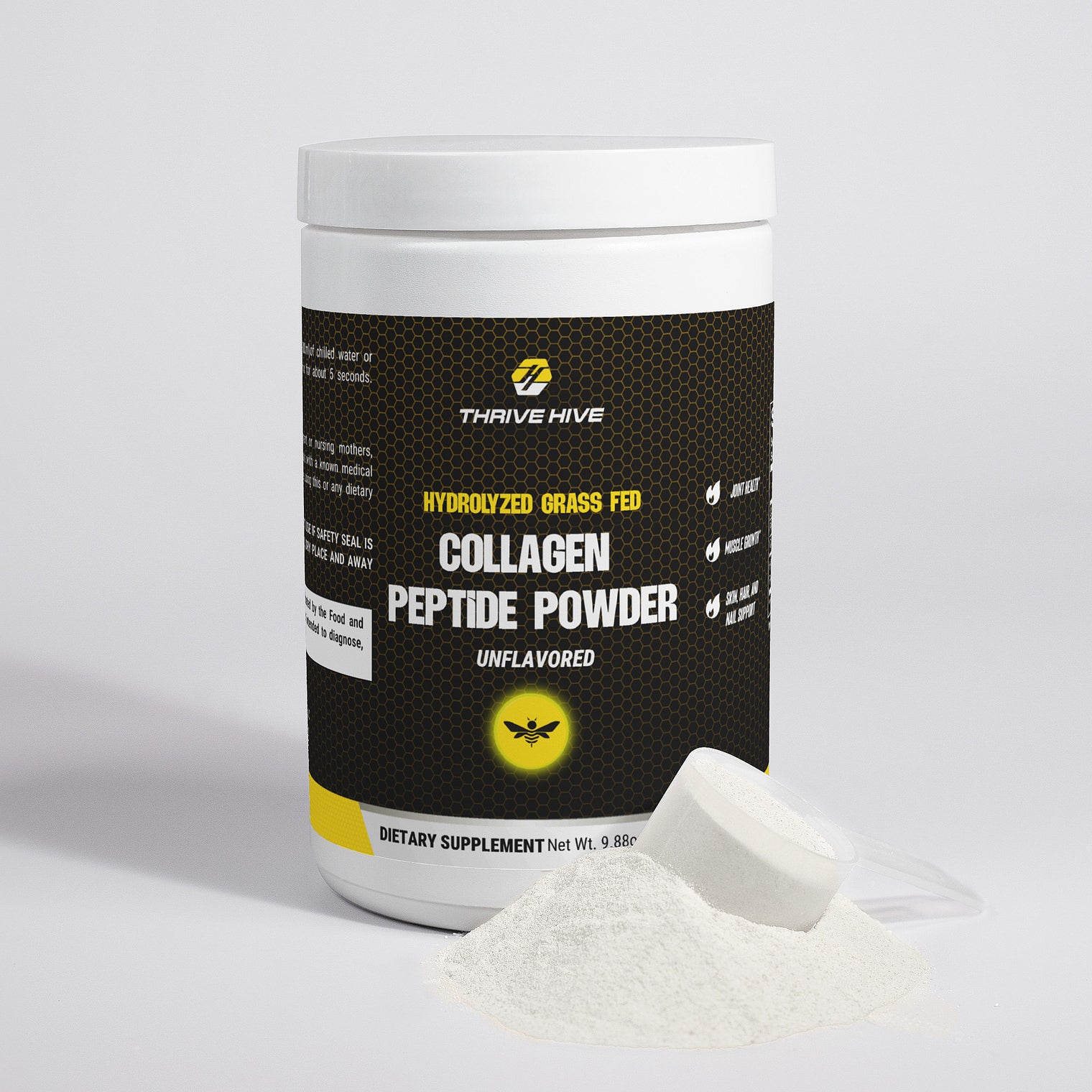 A scoop of unflavored collagen powder being added to a glass of water, highlighting its mixability.