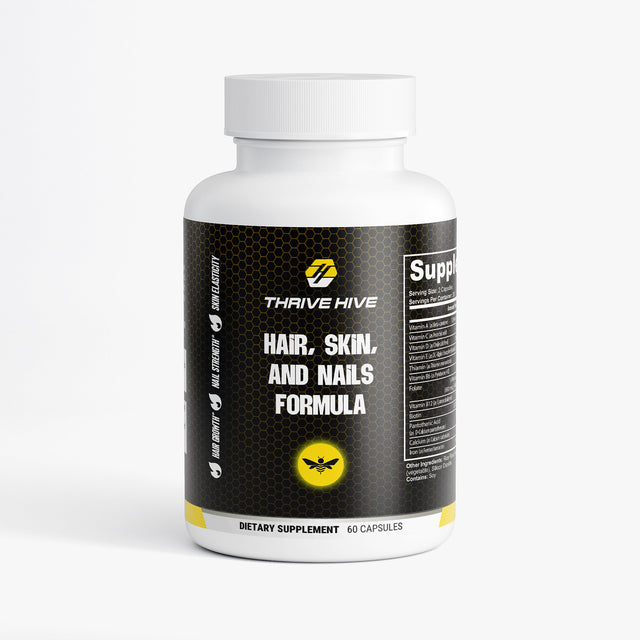 Thrive Hive Hair, Skin and Nails Formula bottle, a beauty supplement for healthy hair and skin.