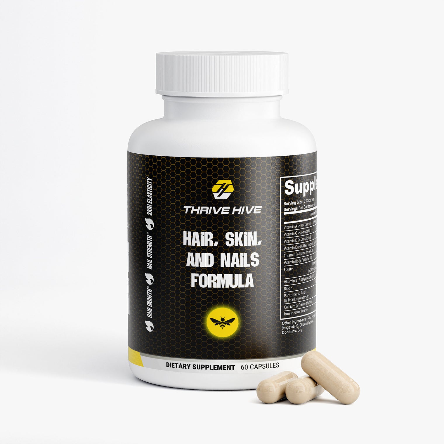 Thrive Hive Hair, Skin and Nails Formula bottle, a beauty supplement for healthy hair and skin.