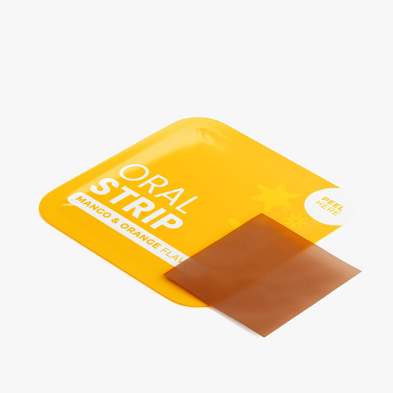Close-up of a Mango-Orange flavored oral strip from Thrive Hive's hangover relief supplement.
