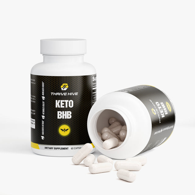 Close-up of a Thrive Hive Keto BHB capsule, with BHB salts and MCT powder.