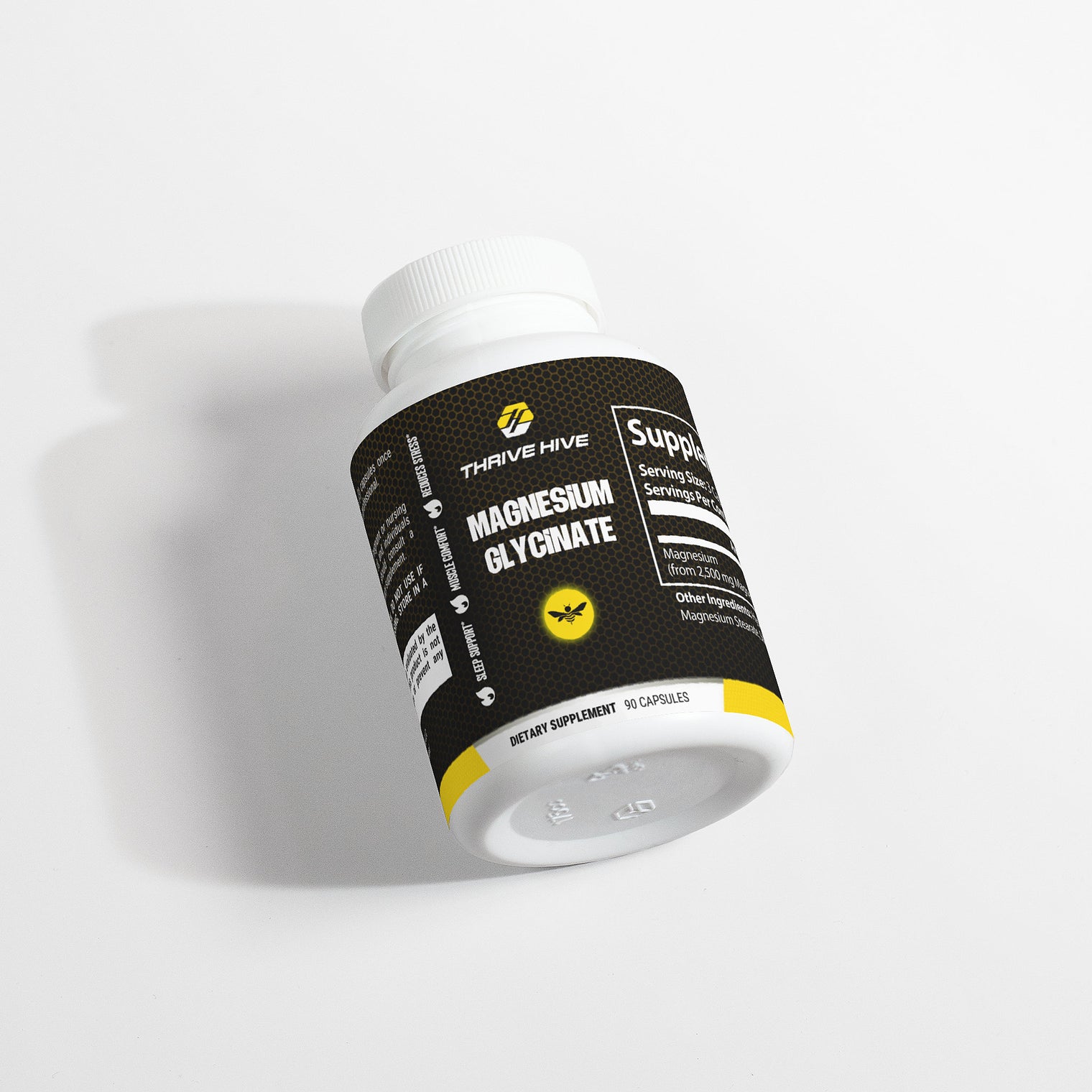 Thrive Hive Magnesium Glycinate supplement bottle, a chelated magnesium for sleep and relaxation.