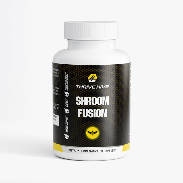 Thrive Hive Shroom Fusion bottle, a medicinal mushroom blend for brain and immune support.