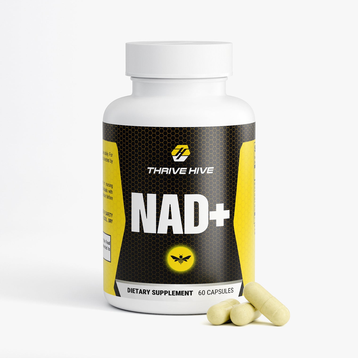 Close-up of a Thrive Hive NAD+ capsule, a supplement with Quercetin and Resveratrol.