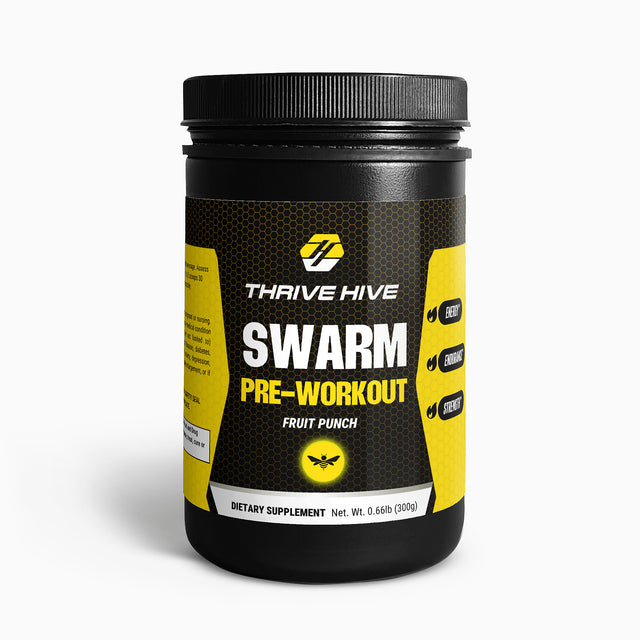Thrive Hive SWARM Pre-Workout Powder jar, a supplement for boosting energy and strength.