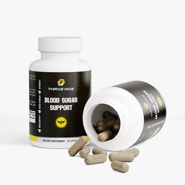 Close-up of a Thrive Hive Blood Sugar Support capsule, a natural blend for metabolic health.
