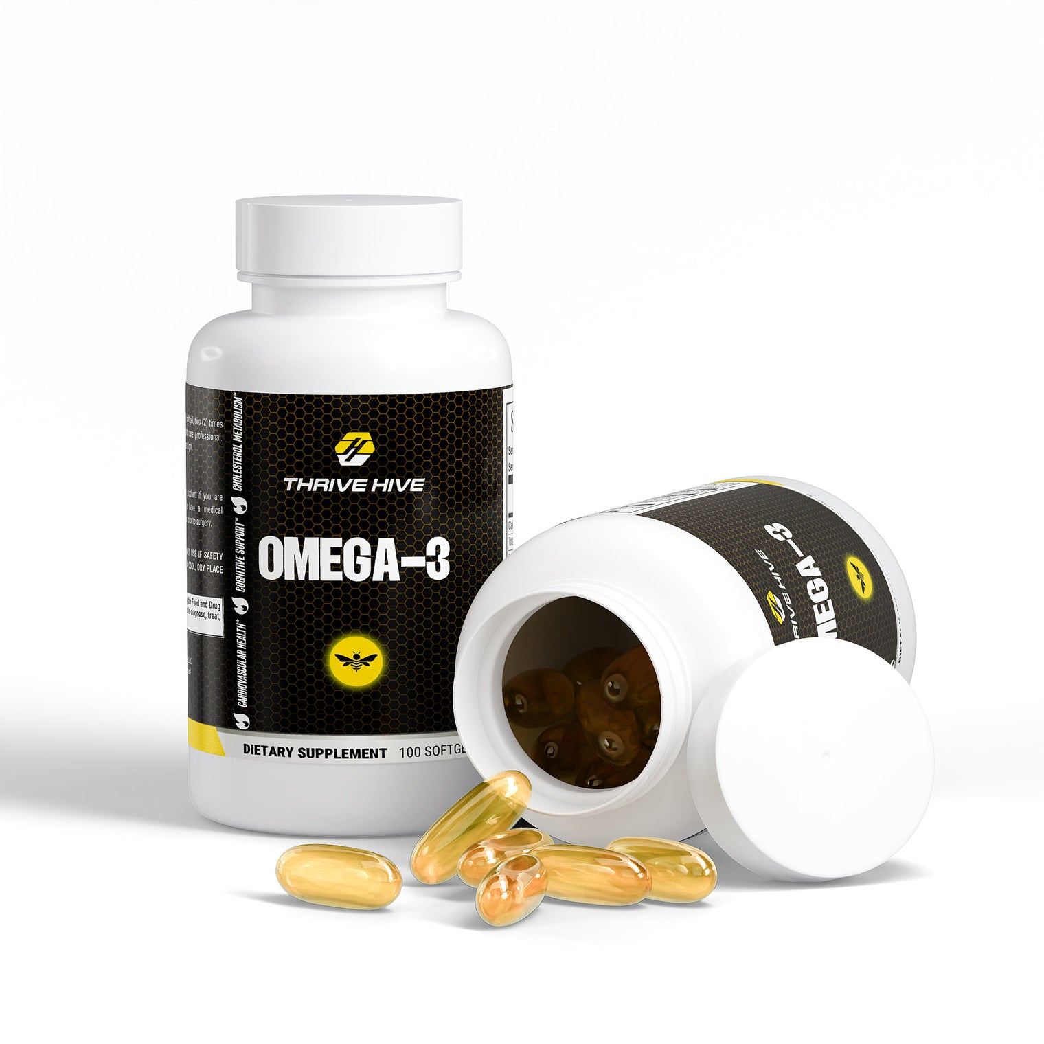 Close-up of a Thrive Hive Omega-3 softgel, a convenient way to get essential fish oil.