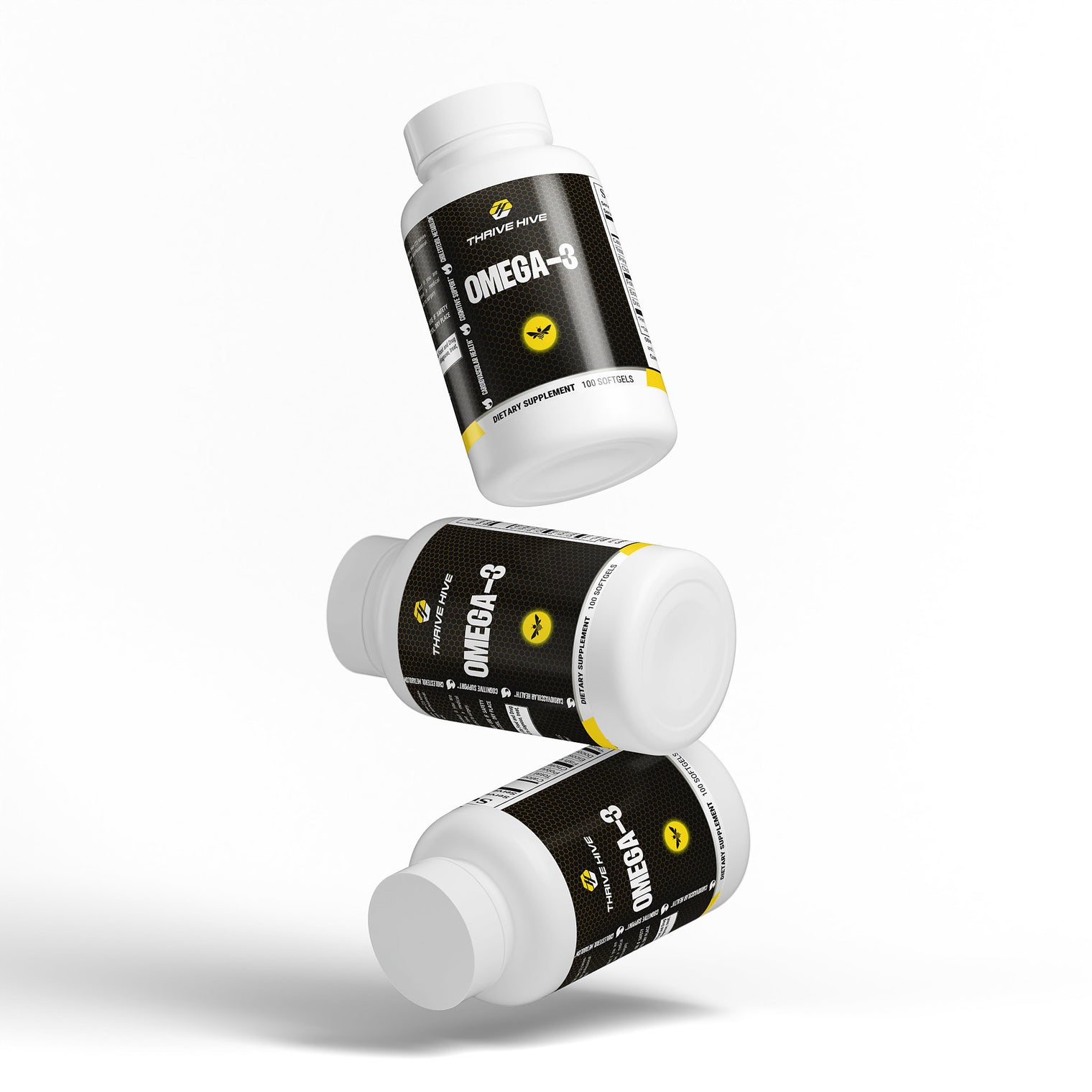 Thrive Hive Omega-3 softgels bottle, an EPA DHA supplement for heart and brain health.
