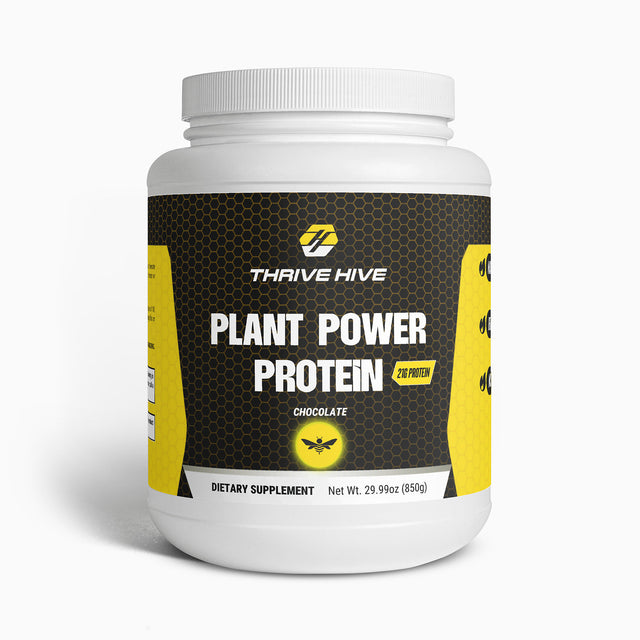 Thrive Hive Plant Power Protein chocolate flavor jar, a dairy-free and vegan supplement.
