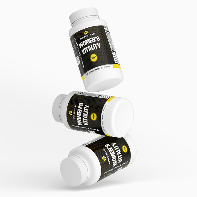 Thrive Hive Women's Vitality bottle, a supplement for hormonal balance and female wellness.