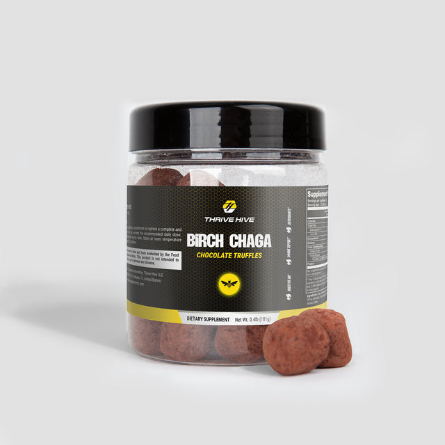 Thrive Hive Birch Chaga Chocolate Truffles in a box, rich in antioxidants and fulvic acid for a healthy gut microbiome.