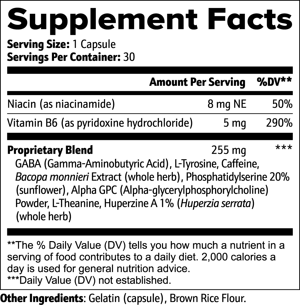 Label of Thrive Hive Focus Formula showing key ingredients like Bacopa monnieri, Alpha GPC, and Huperzine A.