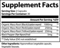 Label of Thrive Hive Triple Maca Blend showing a mix of organic red, black, and yellow maca root.