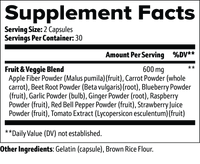 Label of Thrive Hive Fruit and Veggie Extract showing ingredients for digestive, cardiovascular, and cellular health.