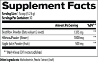 Label of Thrive Hive Beetroot Powder showing ingredients like beet root, hibiscus, and apple juice powder.