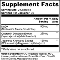 Label of Thrive Hive NAD+ showing ingredients including 500mg NAD+, Quercetin, and Resveratrol.