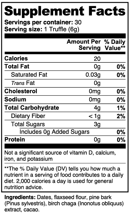 Label of the Thrive Hive Birch Chaga Chocolate Truffle for immune support and overall wellness..
