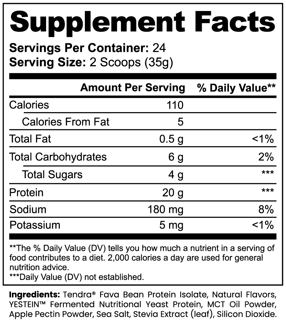 Label of Thrive Hive Plant Power Protein showing ingredients like Tendra Fava Bean Protein and MCT Oil.