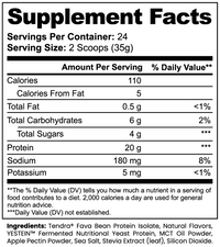 Label of Thrive Hive Plant Power Protein showing ingredients like Tendra Fava Bean Protein and MCT Oil.